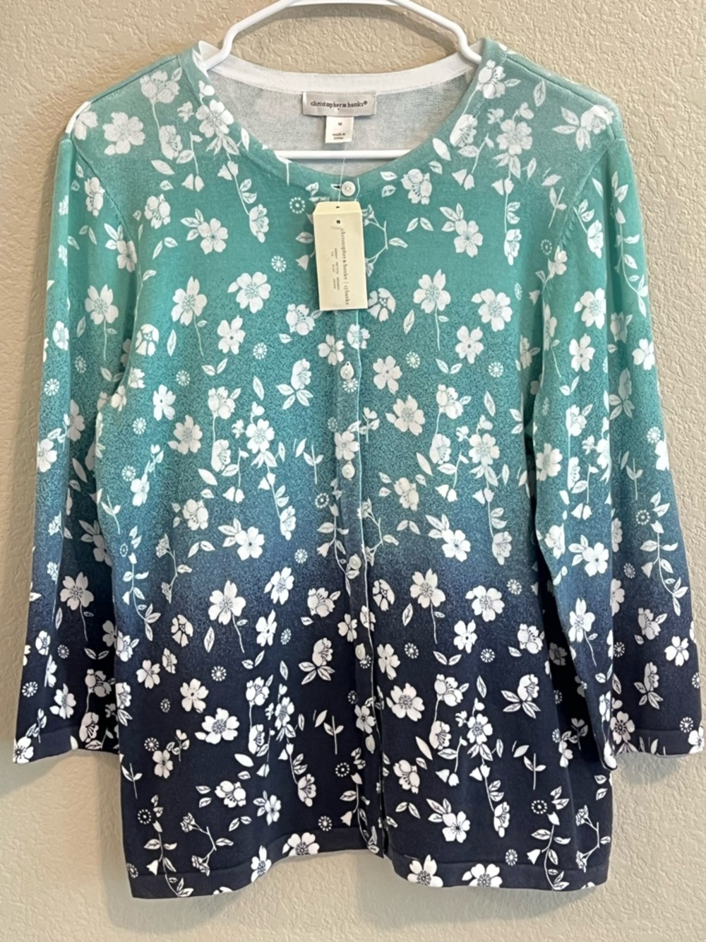 GREAT CONDITION - Christopher & Banks Green Floral Cardigan - White Print